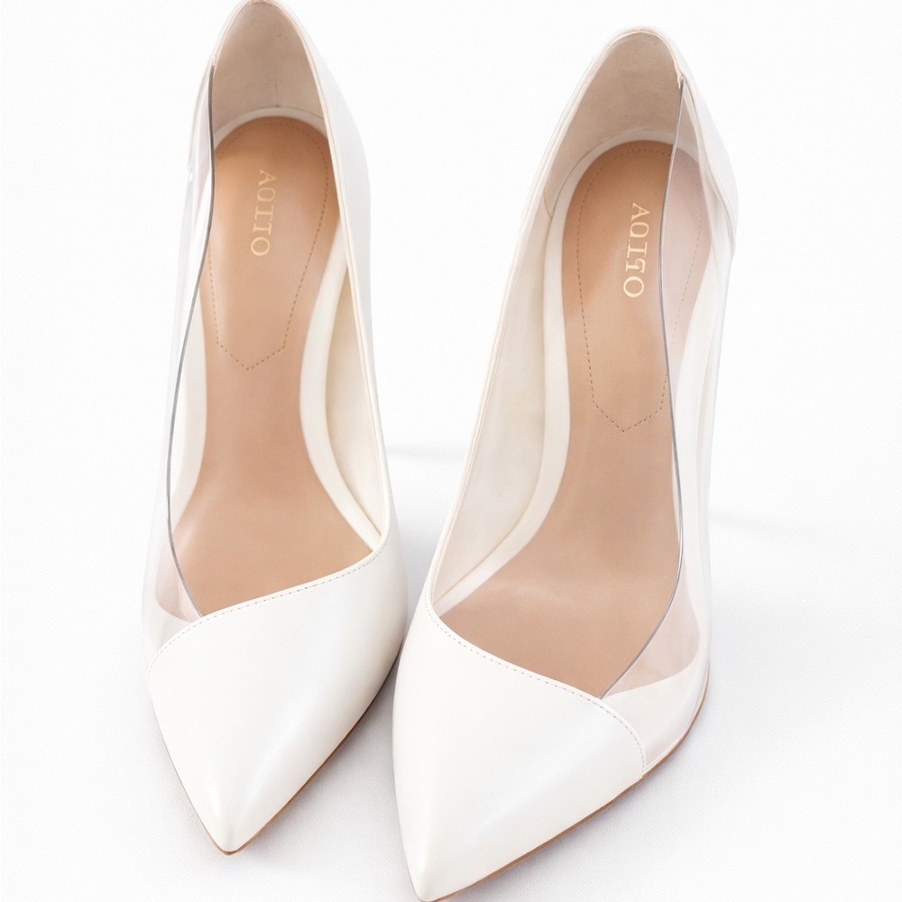 White Pointed Toe Pumps with Clear Sides 8.5